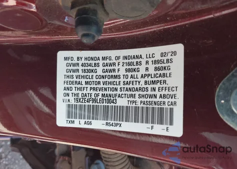 2020 Honda Insight Touring z USA, uszkodzony, nr VIN 19XZE4F99LE010043